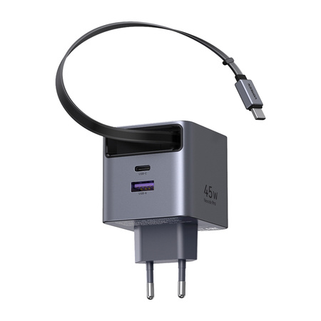 Ładowarka sieciowa GaN Ugreen X614, USB-C + USB, 45W, ze zwijanym kablem (szara)