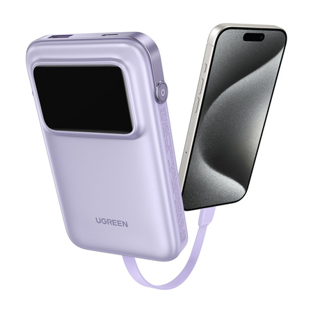 Powerbank magnetyczny 10000mAh Ugreen Uno PB511, USB + USB-C, wbudowany kabel, 30W (fioletowy)