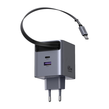 Ładowarka sieciowa GaN Ugreen X615, USB-C + USB, 65W, ze zwijanym kablem (szara)