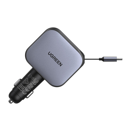 Ładowarka samochodowa Ugreen EC602, USB-C + USB, 60W, ze zwijanym kablem (szara)