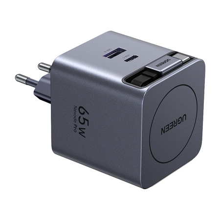 Ładowarka sieciowa GaN Ugreen X615, USB-C + USB, 65W, ze zwijanym kablem (szara)