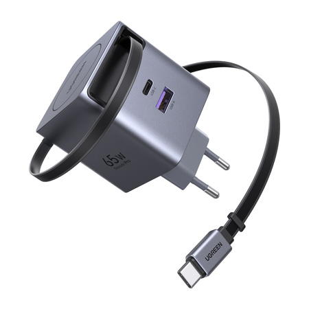Ładowarka sieciowa GaN Ugreen X615, USB-C + USB, 65W, ze zwijanym kablem (szara)