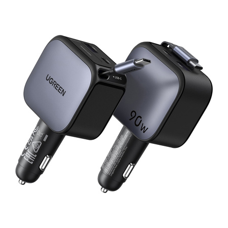 Ładowarka samochodowa Ugreen EC603, USB-C + USB, 90W, ze zwijanym kablem (szara)