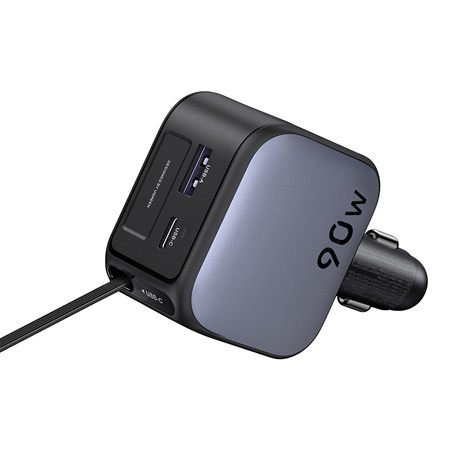 Ładowarka samochodowa Ugreen EC603, USB-C + USB, 90W, ze zwijanym kablem (szara)