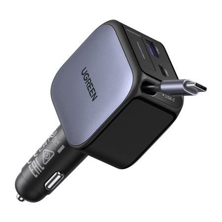 Ładowarka samochodowa Ugreen EC602, USB-C + USB, 60W, ze zwijanym kablem (szara)