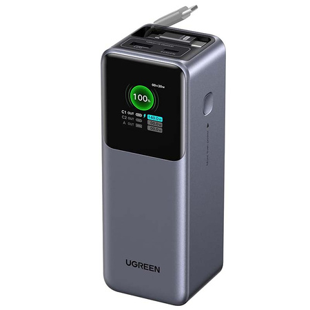 Powerbank 20000mAh Ugreen PB726, USB + USB-C, 165W, ze zwijanym kablem (szary)