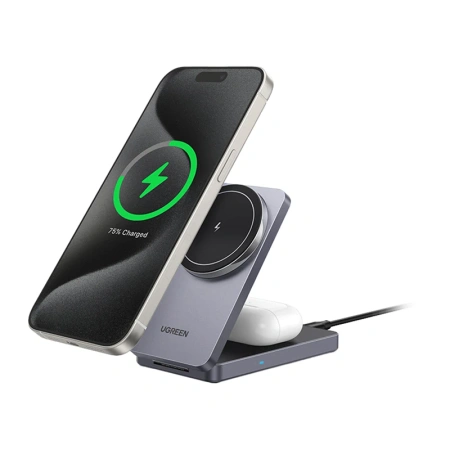 Ładowarka indukcyjna 2w1 Ugreen W528 do iPhone, AirPods, 20W (szara)