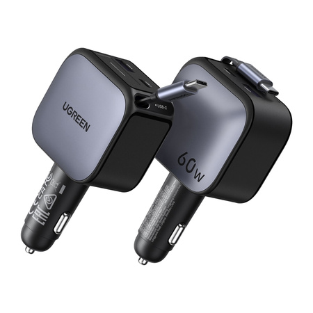 Ładowarka samochodowa Ugreen EC602, USB-C + USB, 60W, ze zwijanym kablem (szara)