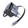 Ładowarka sieciowa GaN Ugreen X614, USB-C + USB, 45W, ze zwijanym kablem (szara)