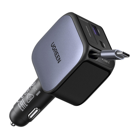 Ładowarka samochodowa Ugreen EC603, USB-C + USB, 90W, ze zwijanym kablem (szara)