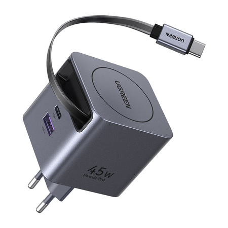 Ładowarka sieciowa GaN Ugreen X614, USB-C + USB, 45W, ze zwijanym kablem (szara)