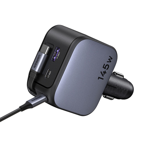 Ładowarka samochodowa Ugreen EC604, 2x USB-C + USB, 145W, ze zwijanym kablem (szara)