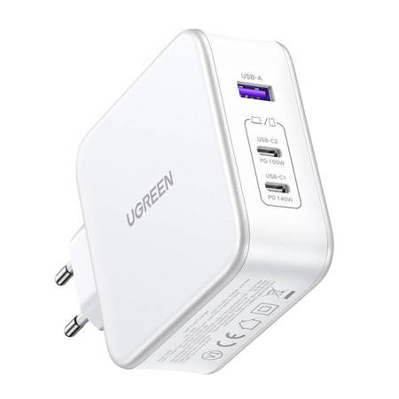 Ładowarka sieciowa UGREEN 15339 Nexode, 2xUSB-C, USB-A 3.0, PD3.0, QC4.0, GaN, 140W (biała)